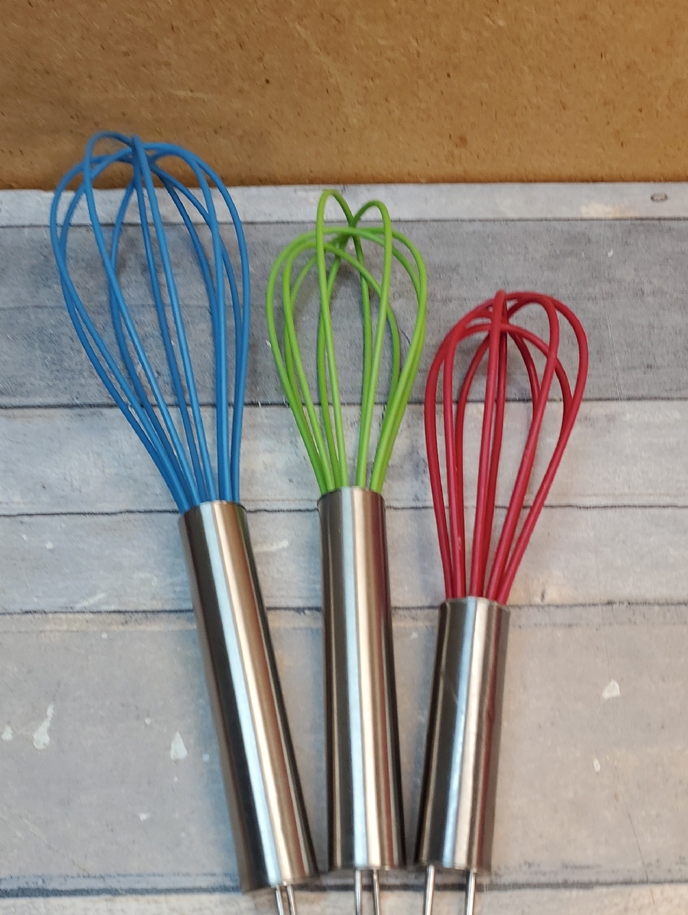 Stainless Steel Whisk Set with Blue, Green, and Red Silicone Heads  NIP